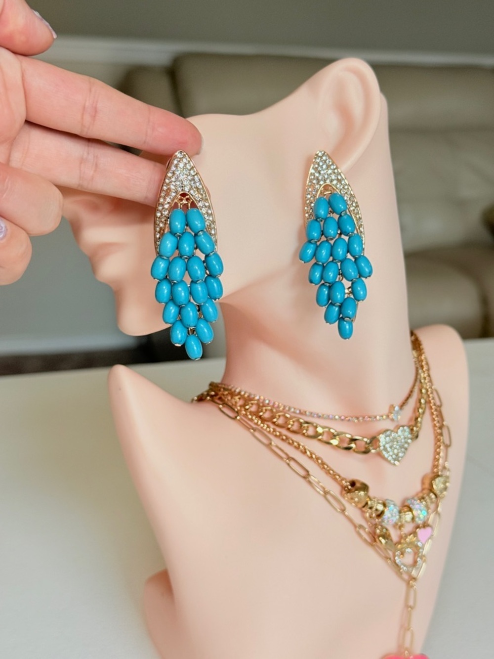 Gold-Tone Turquoise Cluster Drop Earrings
